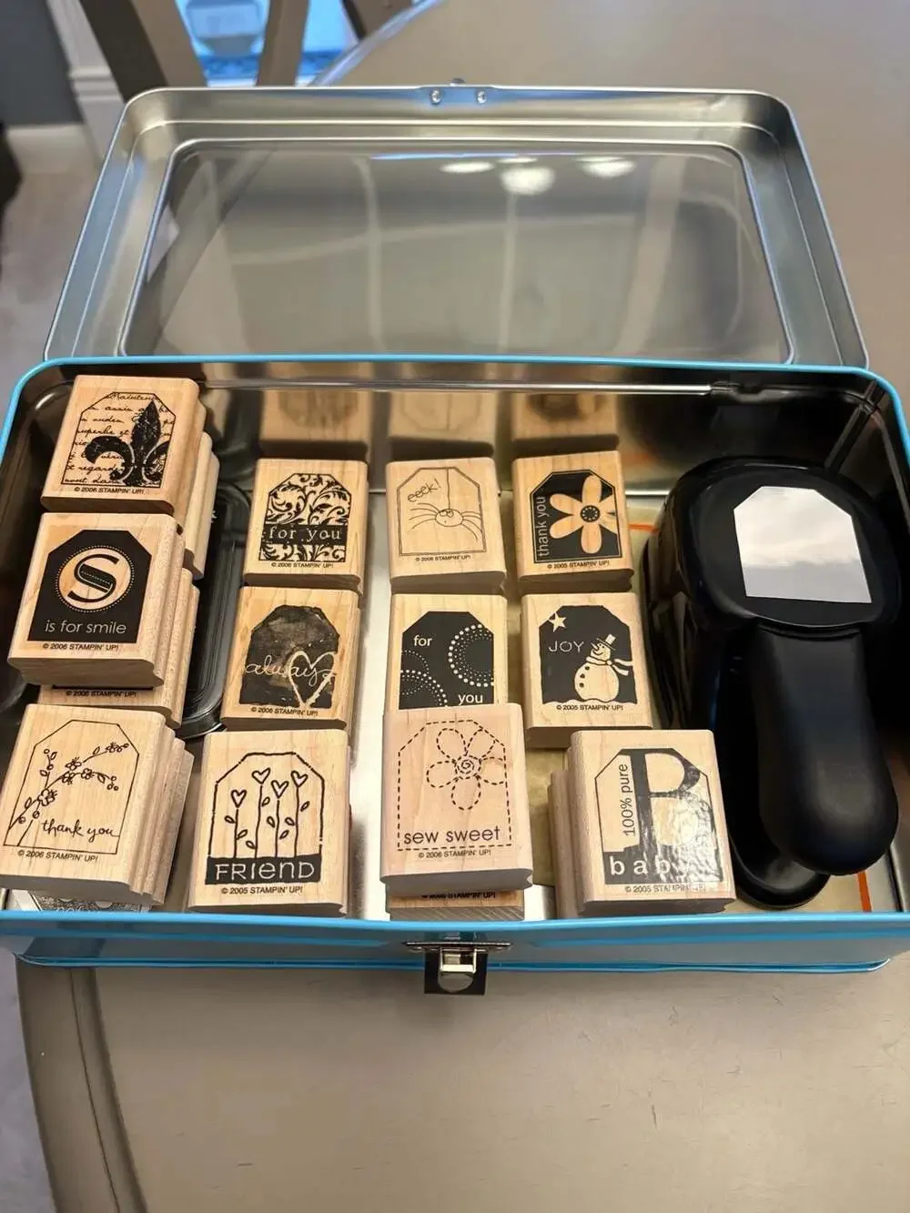Stampin' Up! Tags Punch Box with Wooden Stamps and Rectangle Punch